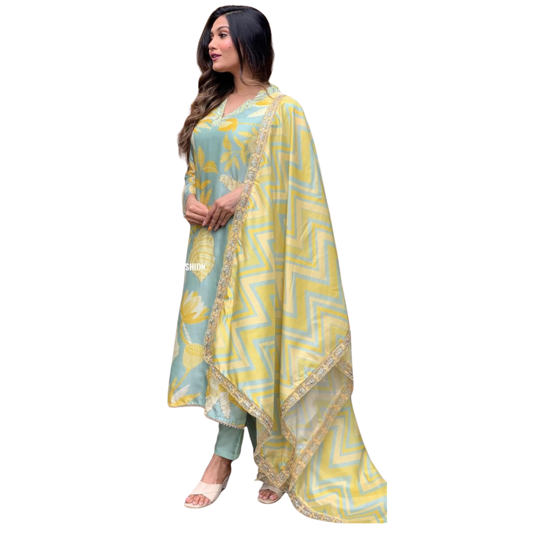 Luxurious Muslin Silk Kurti with Pant and Dupatta Set